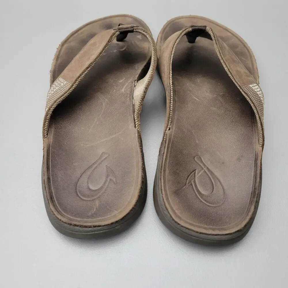 OluKai Tuahine Mens Leather Thongs Flip Flop Beach Vacation Sandals Shoes Sz 13